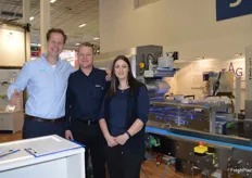 Packaging Automation brought along a high speed packing machine which can pack 200 packs per minute. Pierre Hagenaars, John Dunbell and Claire Carless.